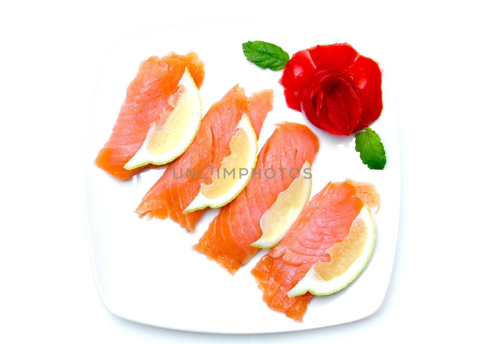 Salmon on plate from above