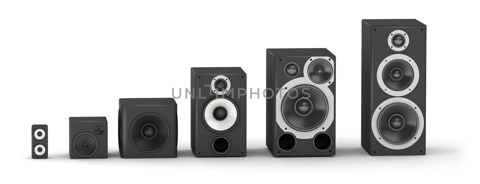 Chart from different sizes speakers hi-fi audio system on white background