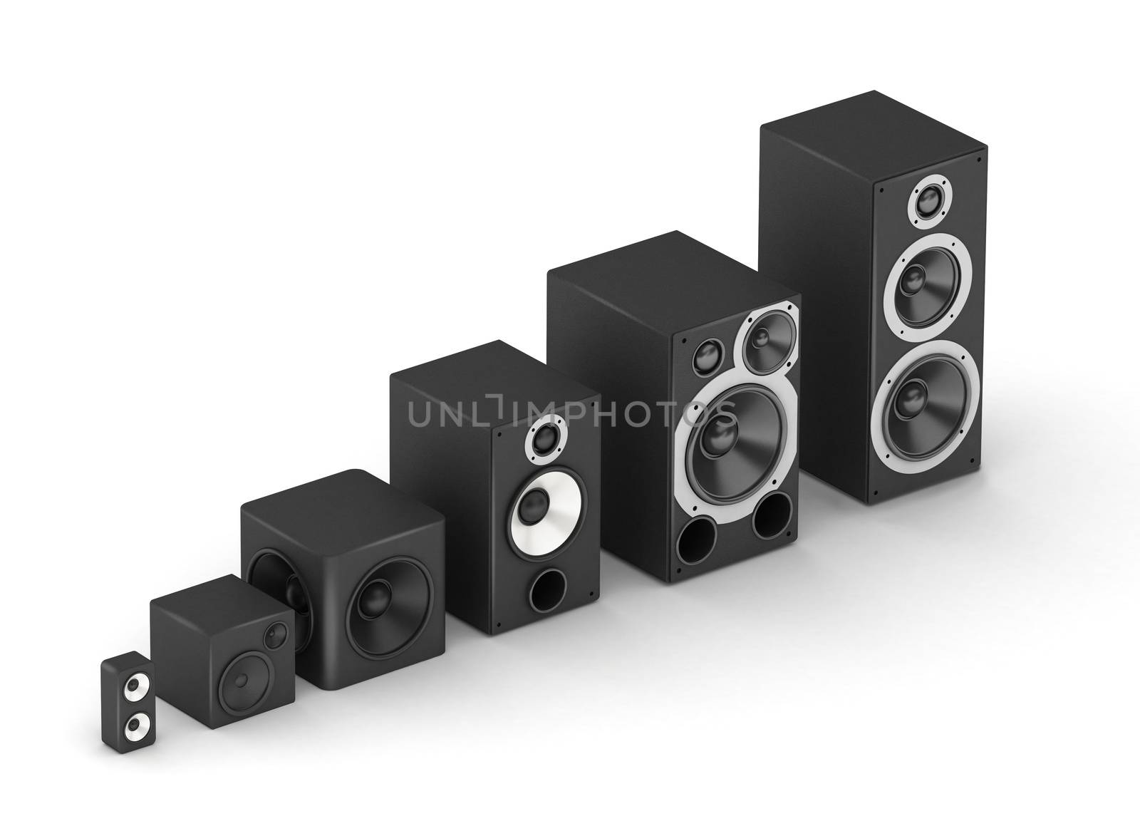 Chart from different sizes speakers hi-fi audio system in isometric projection