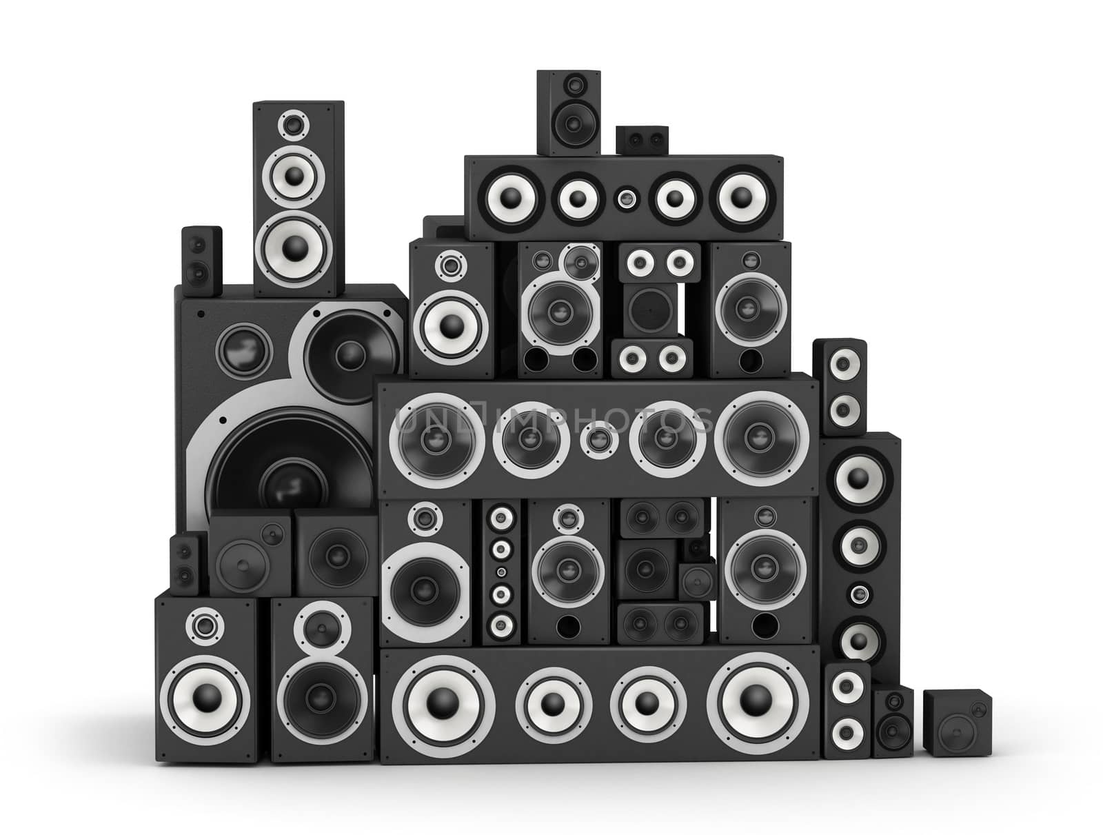 Big pile of speakers hi-fi audio system on white background