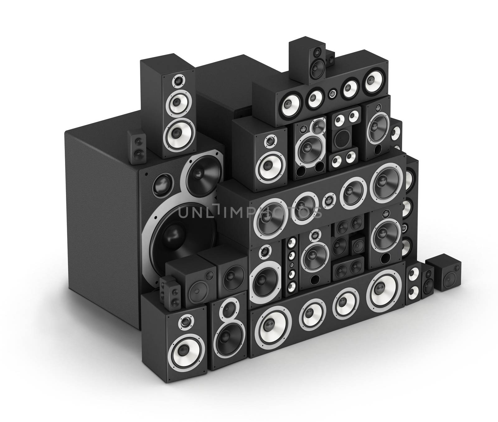 Big pile of speakers hi-fi audio system in isometric projection