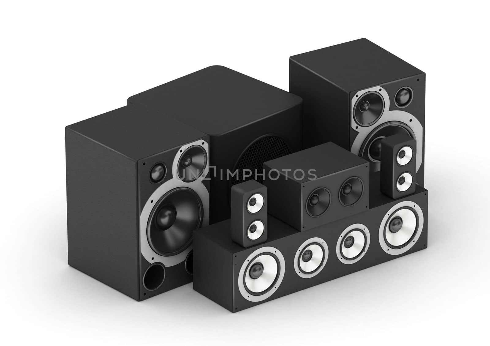 Set of black speakers hi-fi audio system on white background