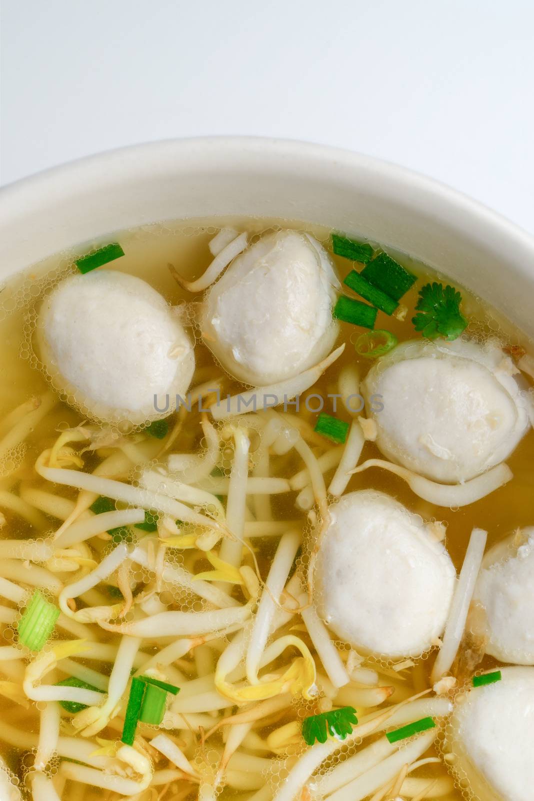noodles soup with meat ball, bean sprouts