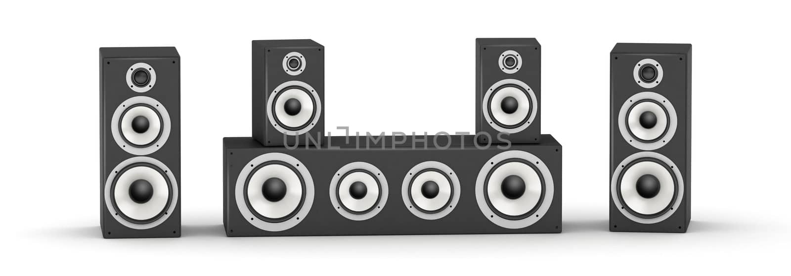 Set of speakers for home theater hi-fi audio system on white background