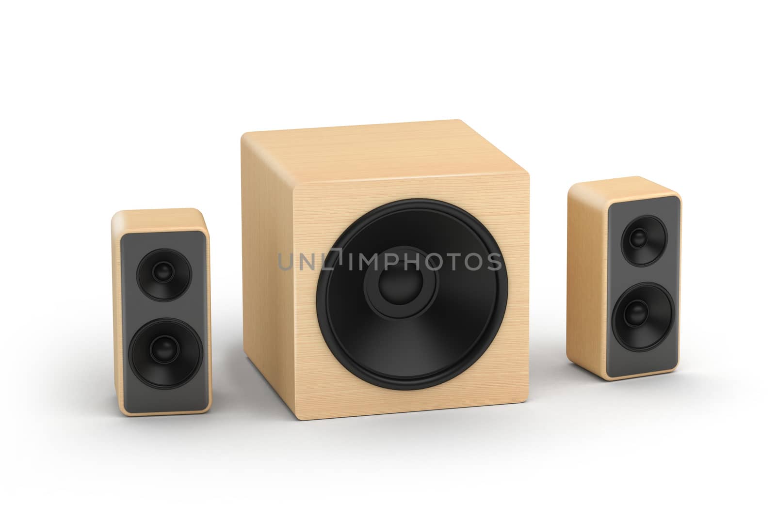 2.1 wooden sound systems speakers with subwoofer on white background