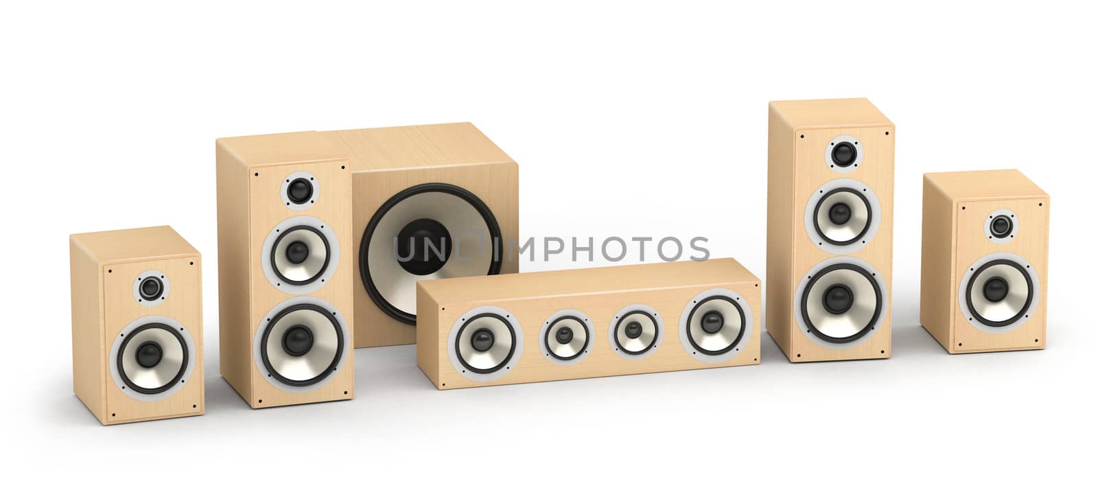 Set of wooden speakers for home theater 5.1 hi-fi audio system on white background