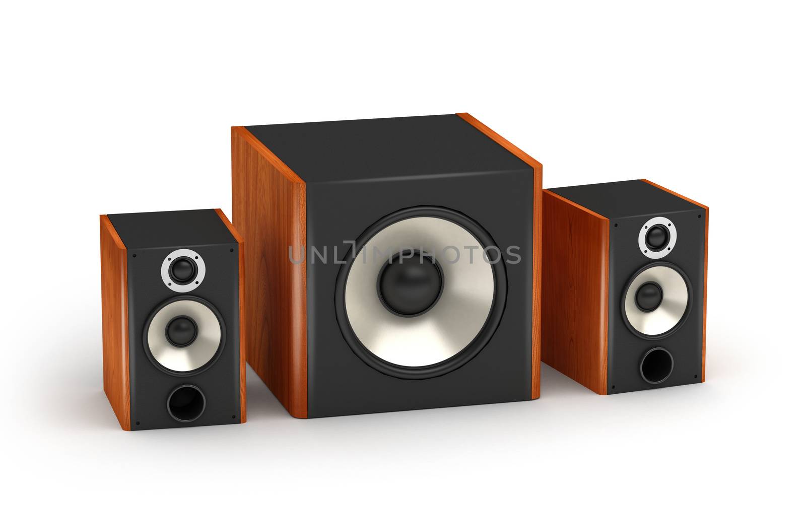 2.1 brown wood sound systems speakers with subwoofer on white background