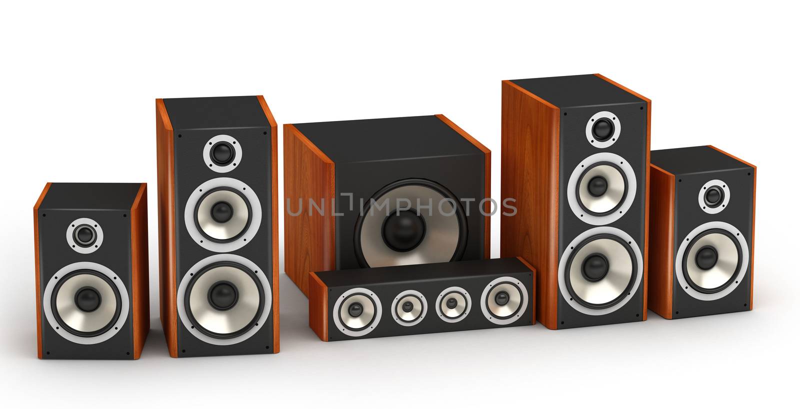 Set of red wooden speakers for home theater 5.1 hi-fi audio system on white background