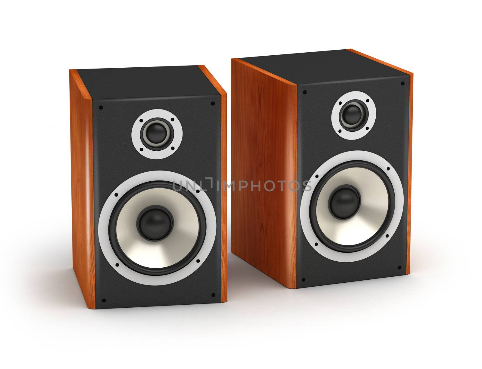 Set of red wooden  speakers stereo hi-fi audio system on white background