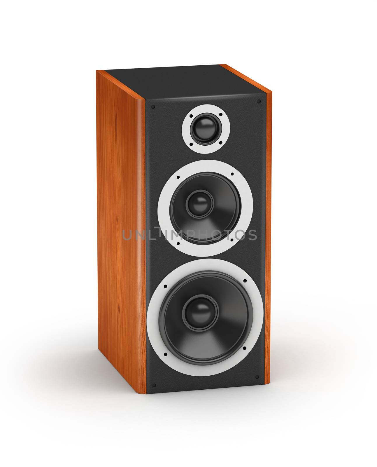 One brown wood tall three line speaker  hi-fi acoustic system on white background