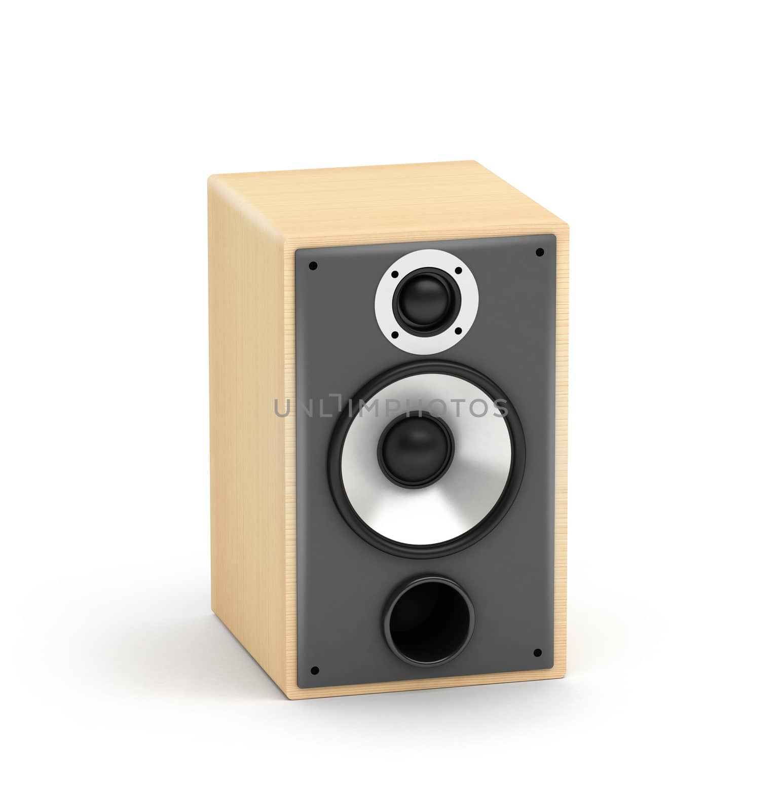 One light wooden speakers  hi-fi audio system on white background