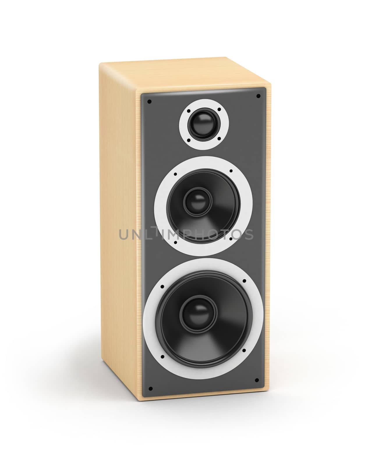 One wooden tall three line speaker  hi-fi audio system on white background