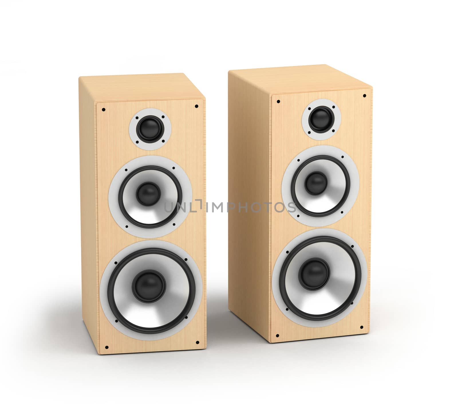 Wooden light-colored acoustic system with black speakers stereo hi-fi audio on white background