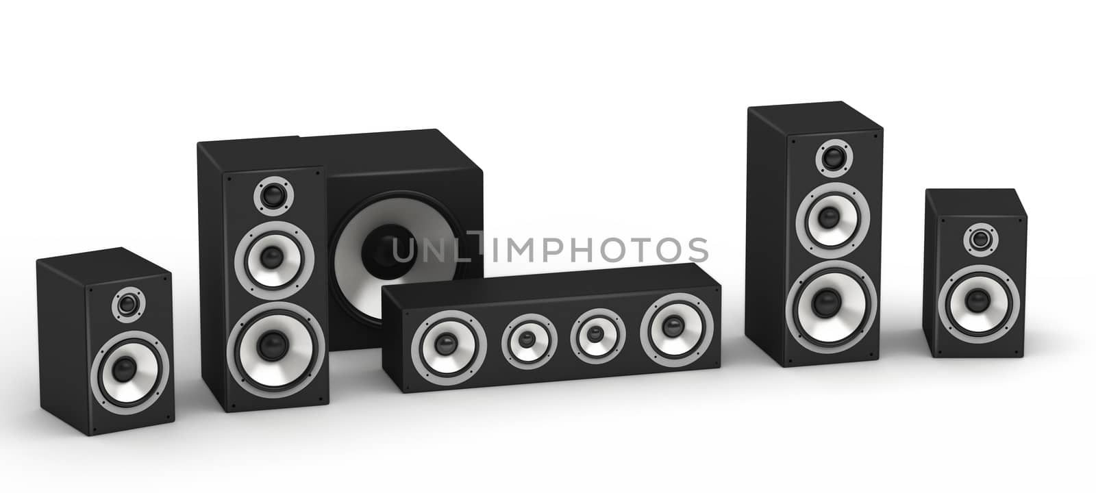 Set of speakers for home theater 5.1 hi-fi audio system on white background
