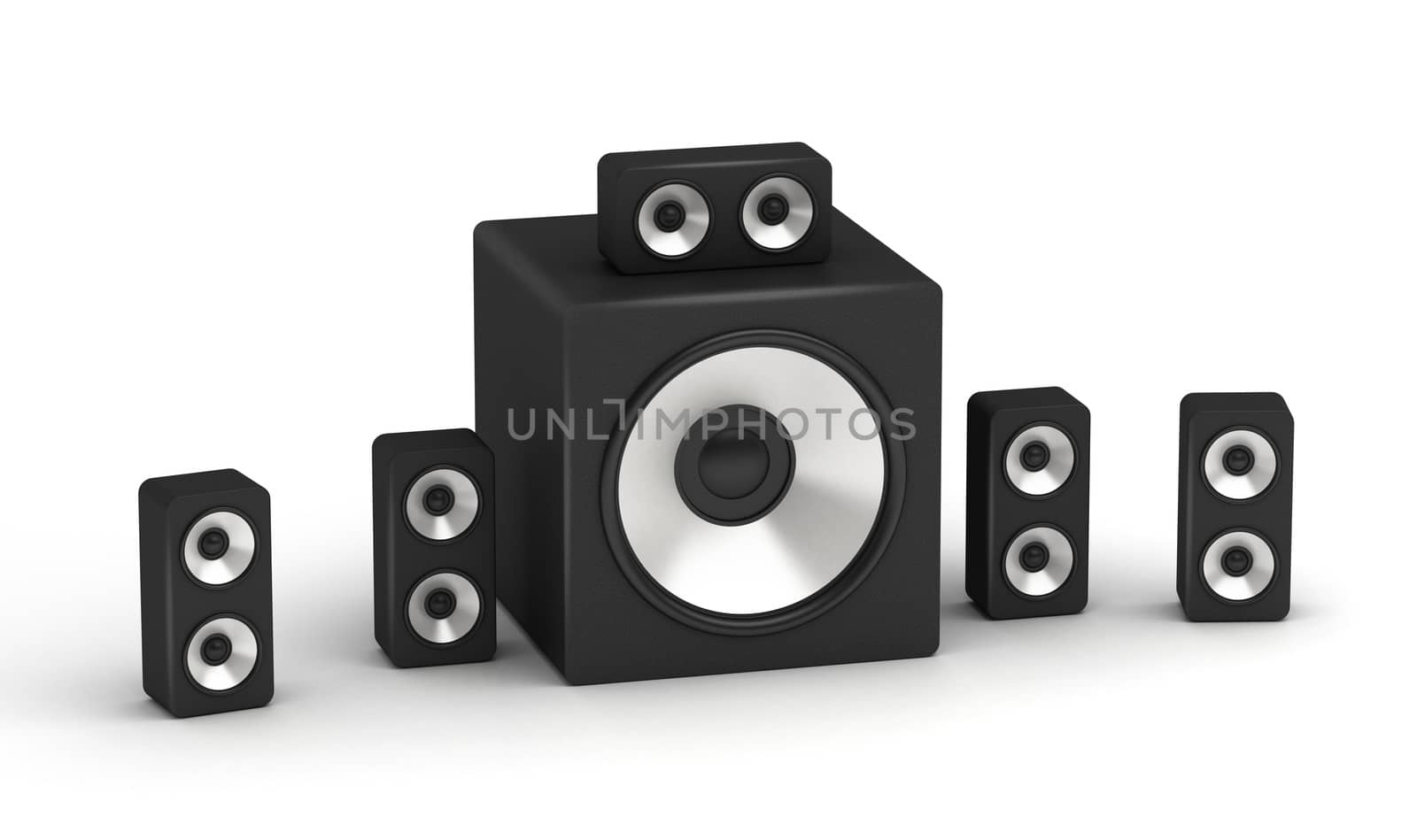 Set of speakers multimedia low cost 5.1 audio system on white background