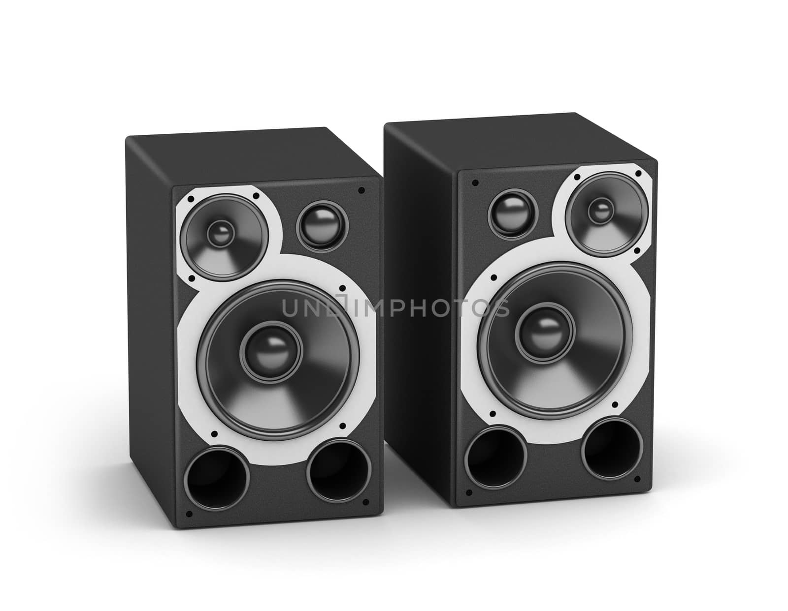 Set of concert style speakers stereo audio system on white background