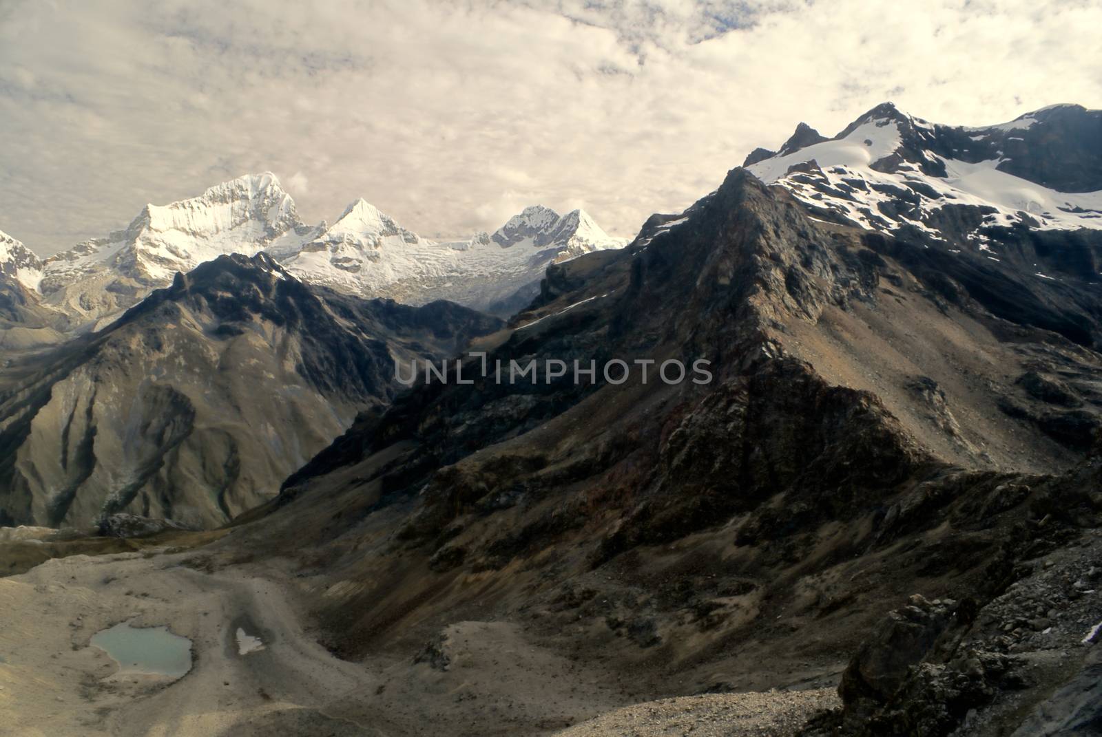 Picturesque canyons around Alpamayo, one of highest mountain peaks in Peruvian Andes, Cordillera Blanca