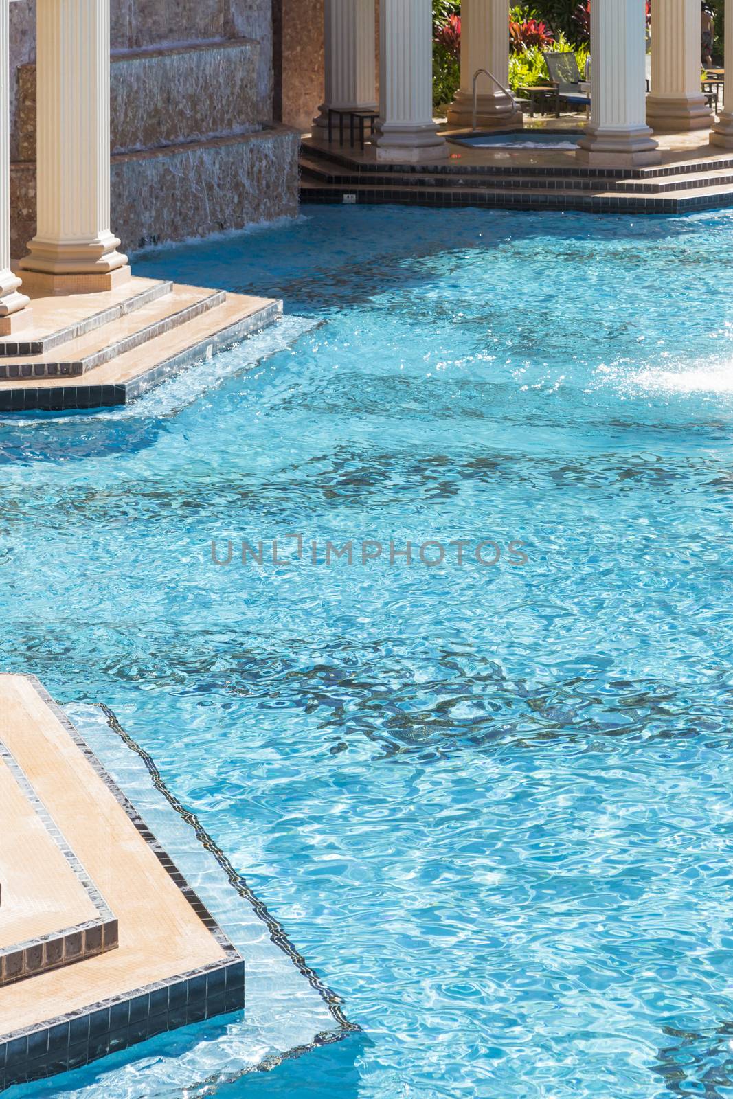 Exotic Luxury Swimming Pool Water, Hot Tub and Architecture Abstract.