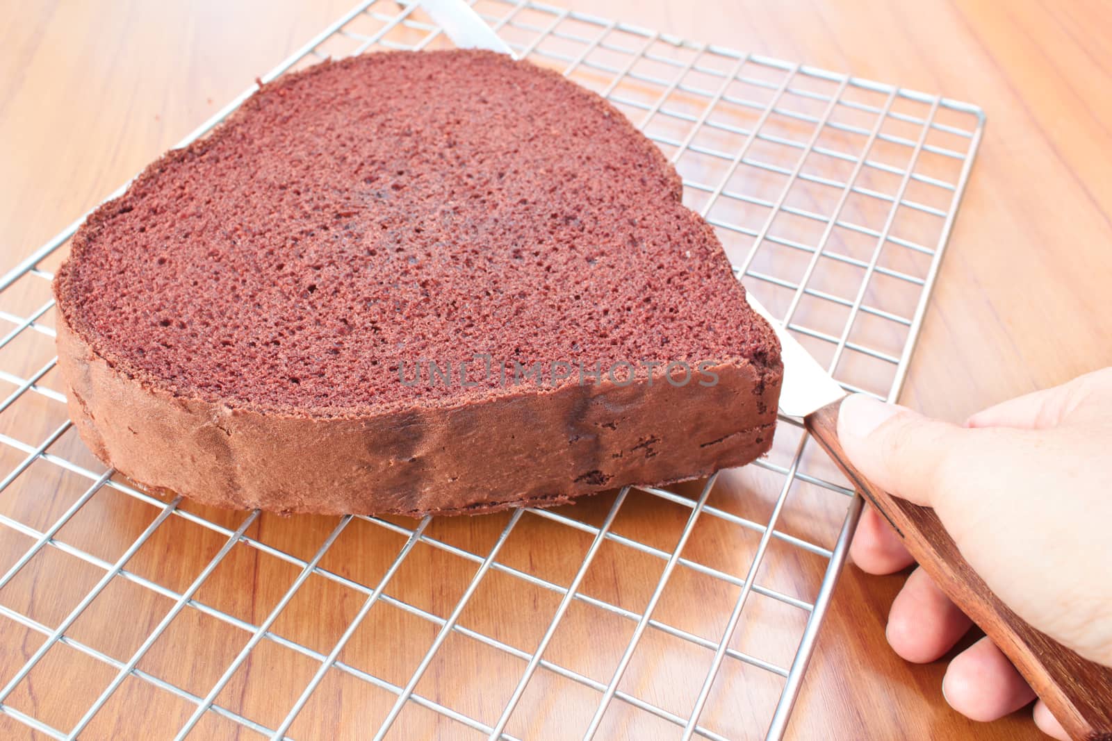 cutting chocolate cake on layers, making chocolate cake.
