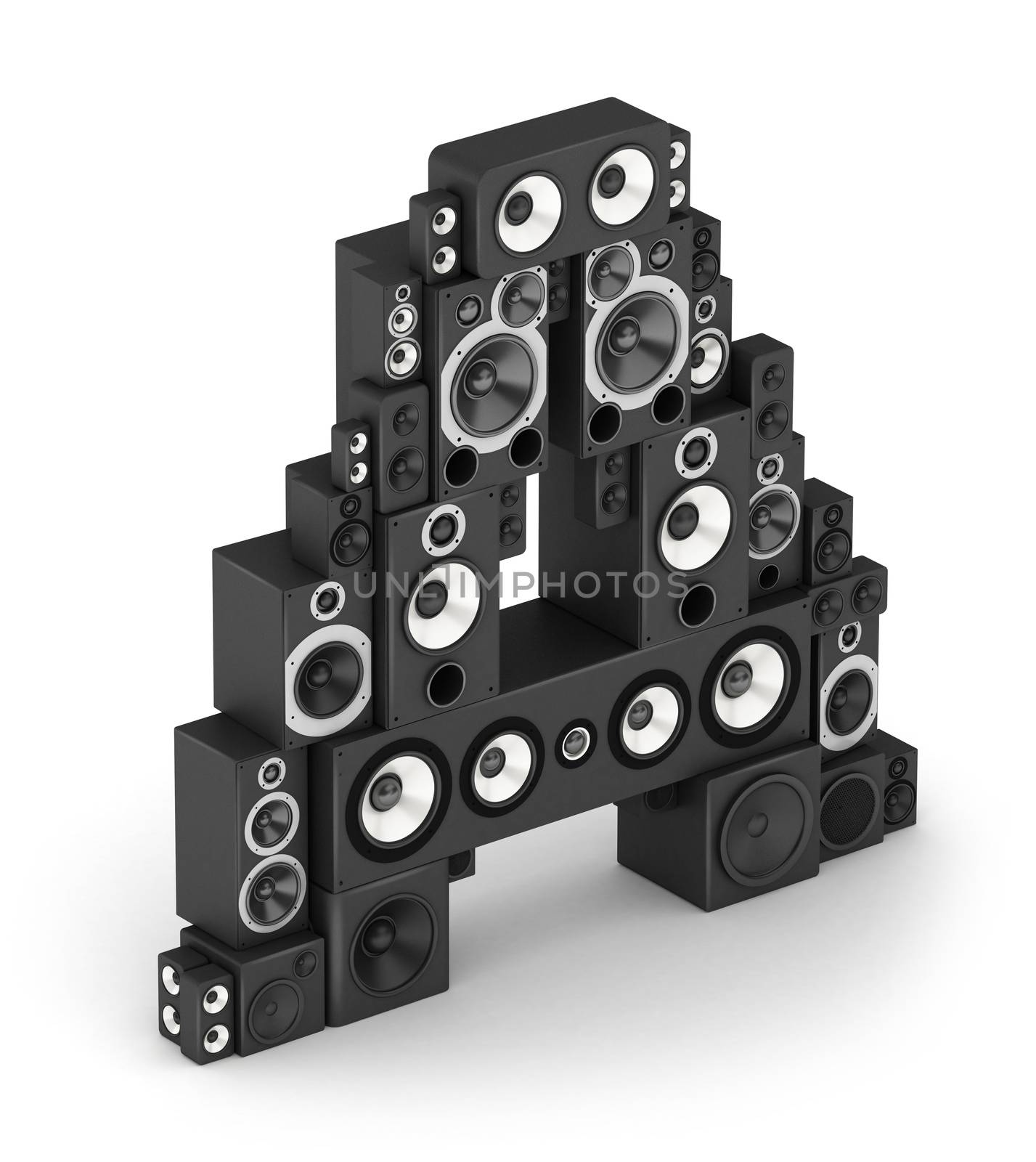 Letter A from black hi-fi speakers sound systems  in isometry