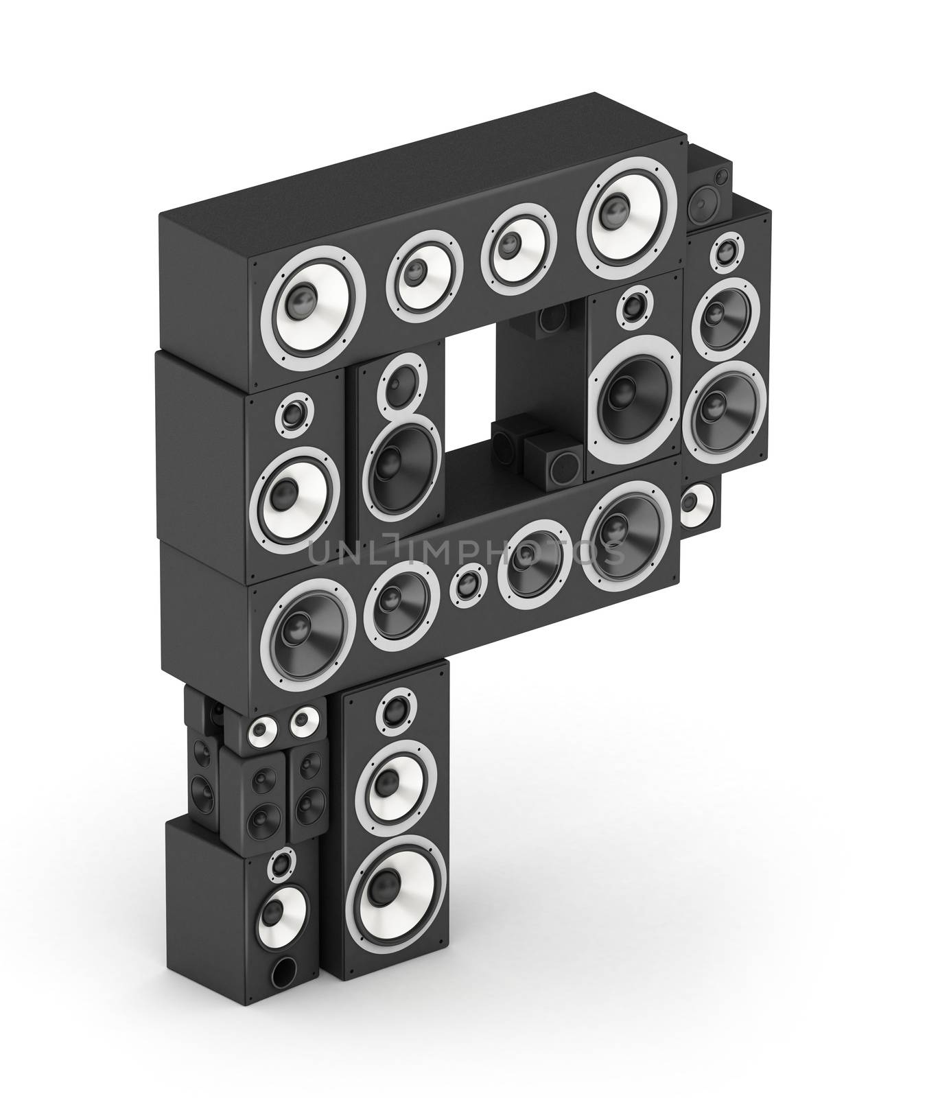 Letter P from black hi-fi speakers sound systems  in isometry