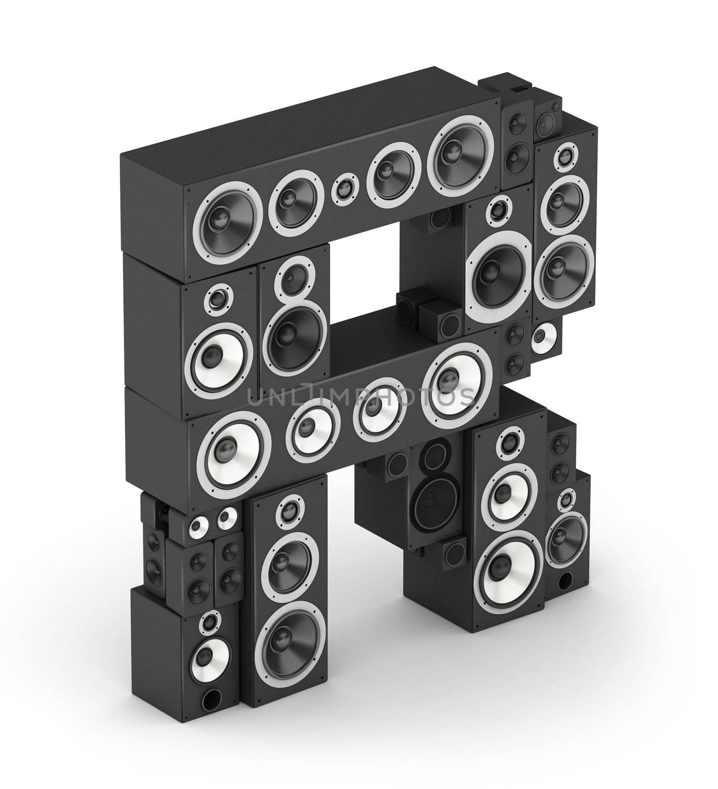 Letter R from black hi-fi speakers sound systems  in isometry