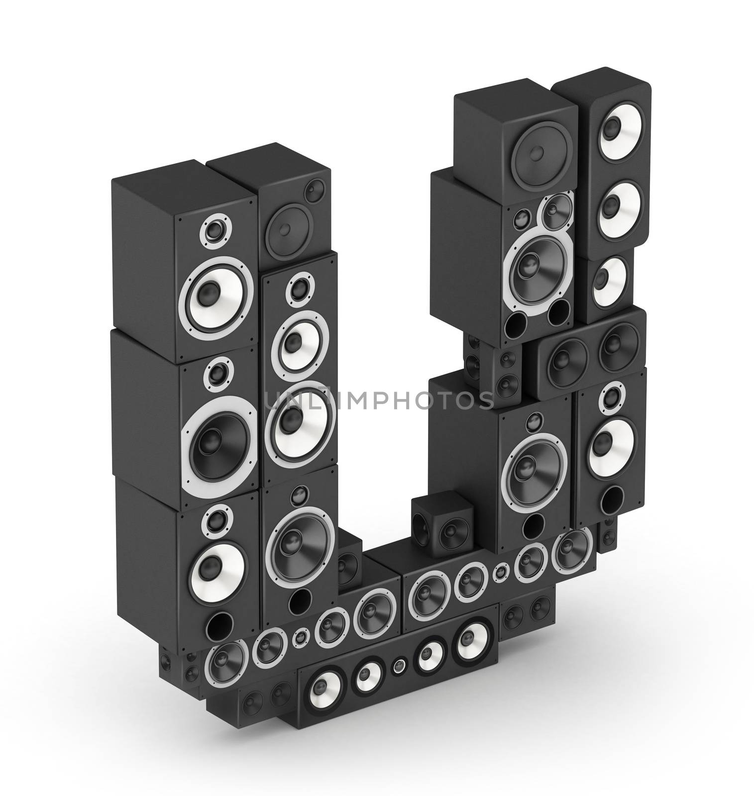 Letter U from black hi-fi speakers sound systems  in isometry