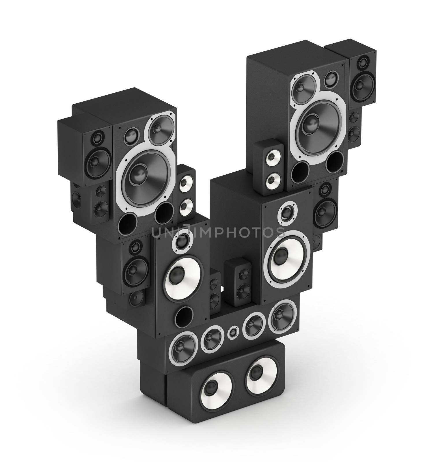 Letter V from black hi-fi speakers sound systems  in isometry