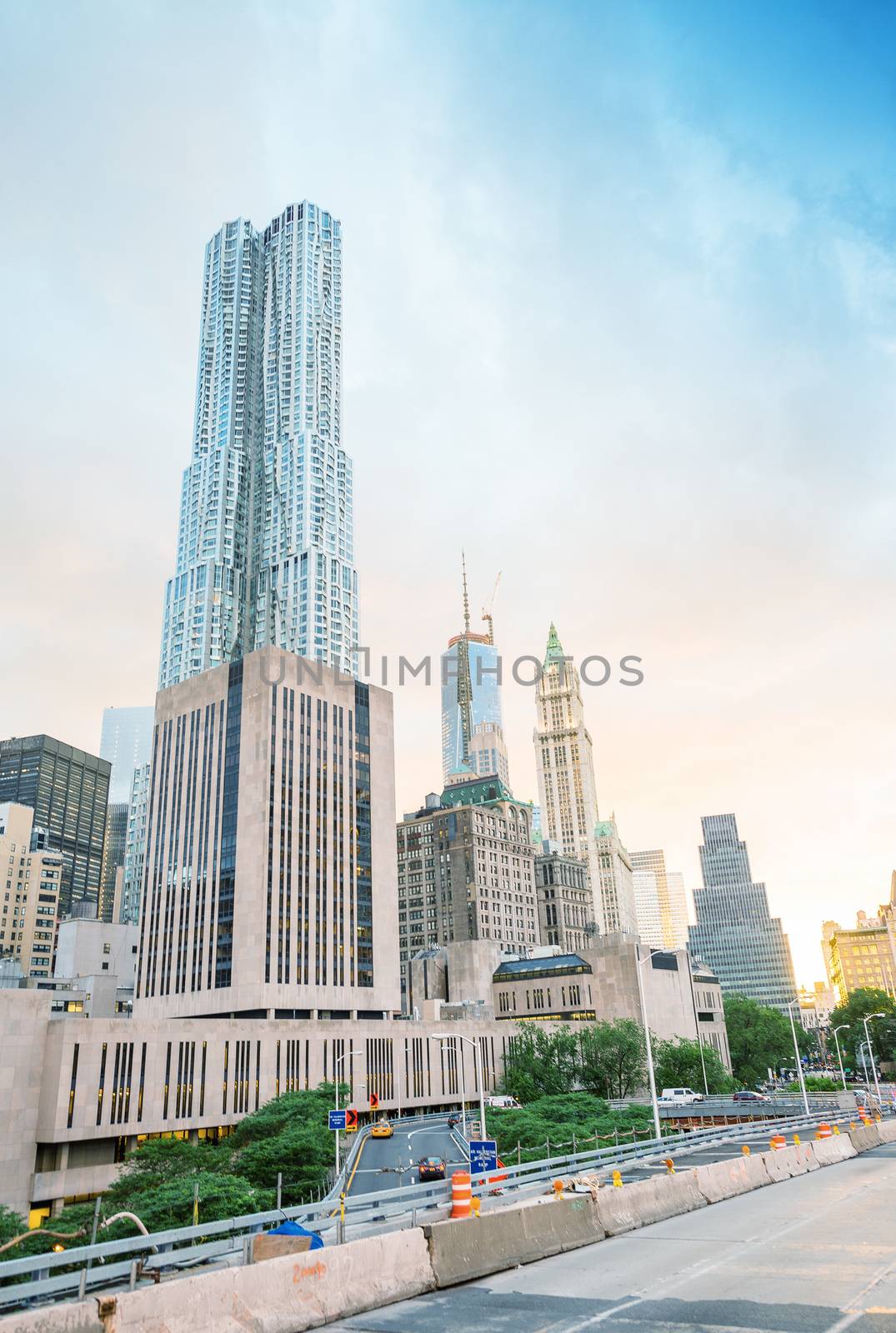 Stunning skyscrapers of Lower Manhattan at sunset.