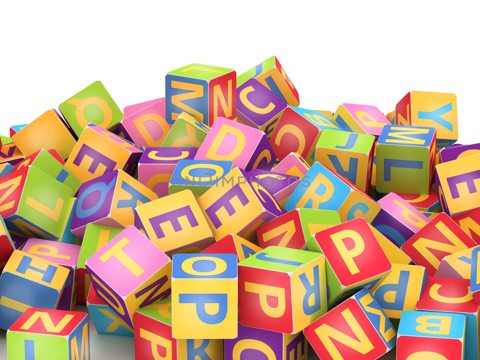 Many abc education cube scattered on pile in white background