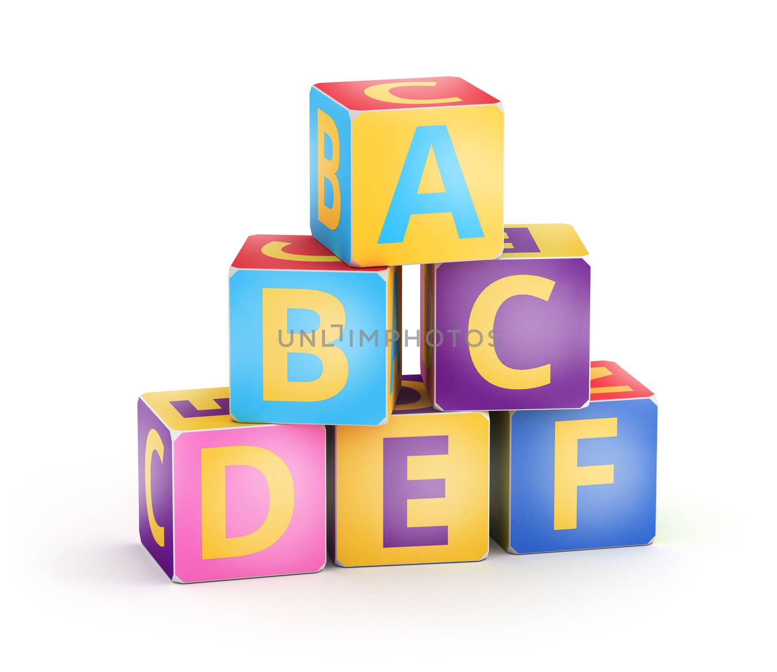 A,B,C letters on pyramid stack alphabet cubes on white