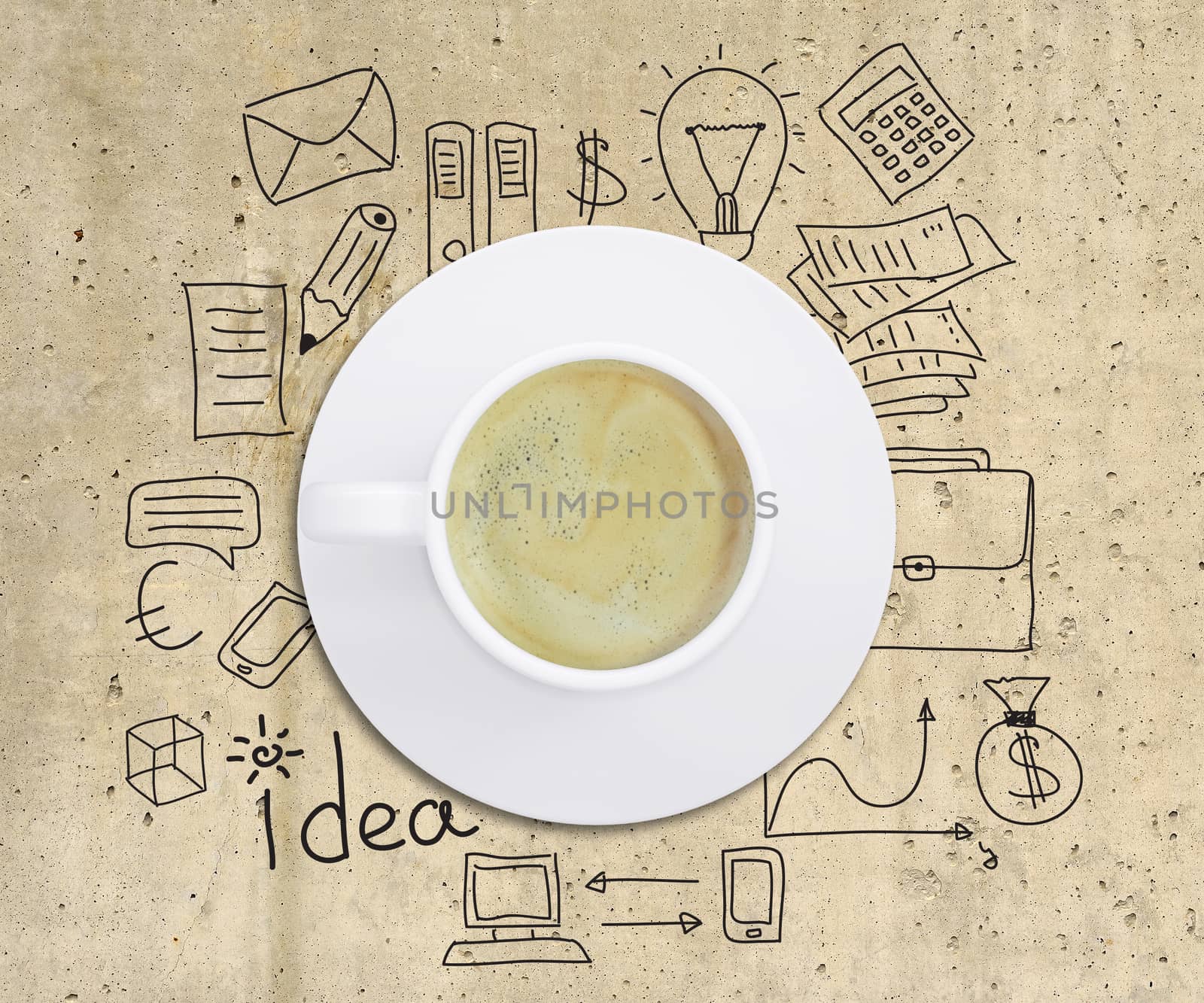 Business strategy infographics option drawn around coffee cup, on smooth stone surface, top view