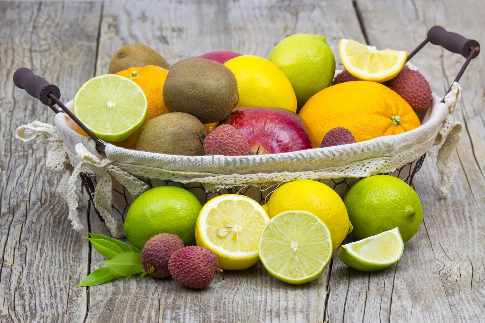 fresh fruits in a basket on wooden background