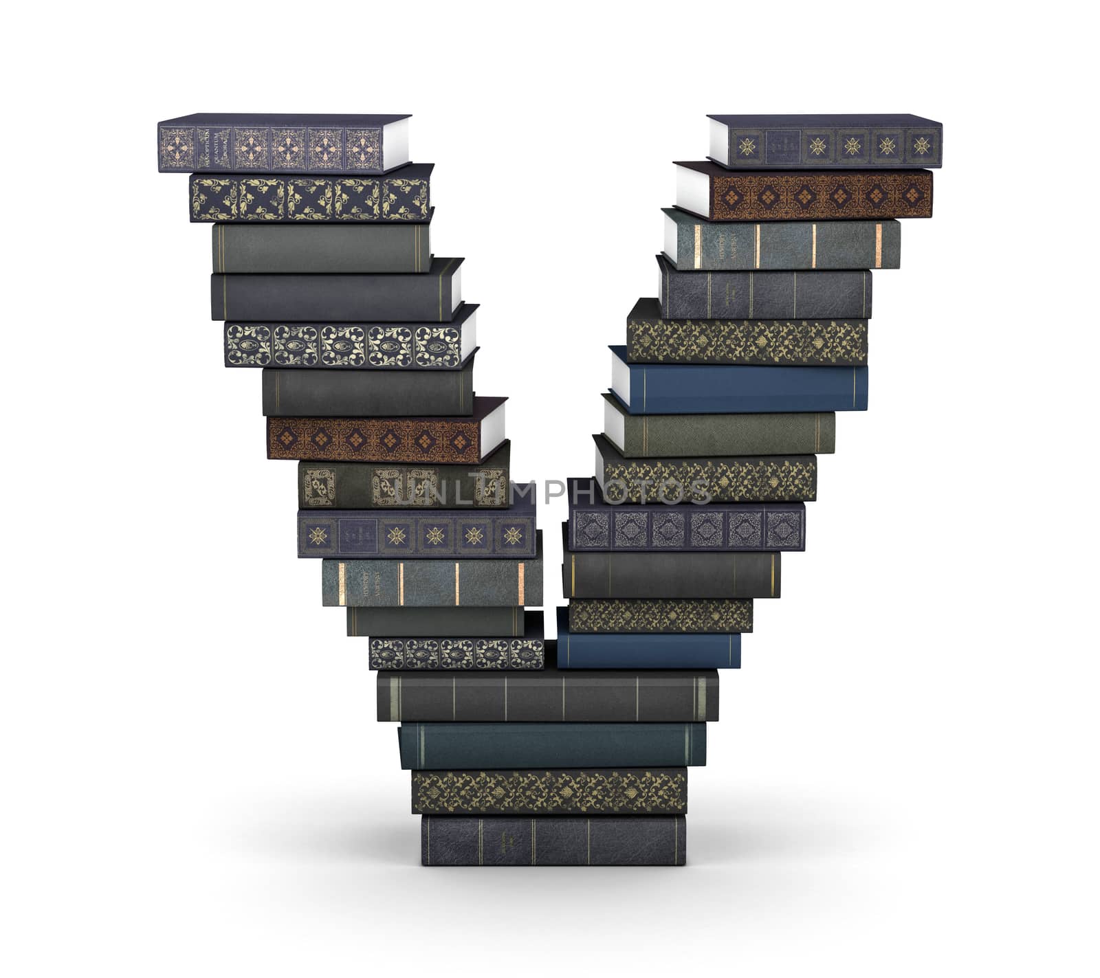 Letter V, stacked from many  books in pile