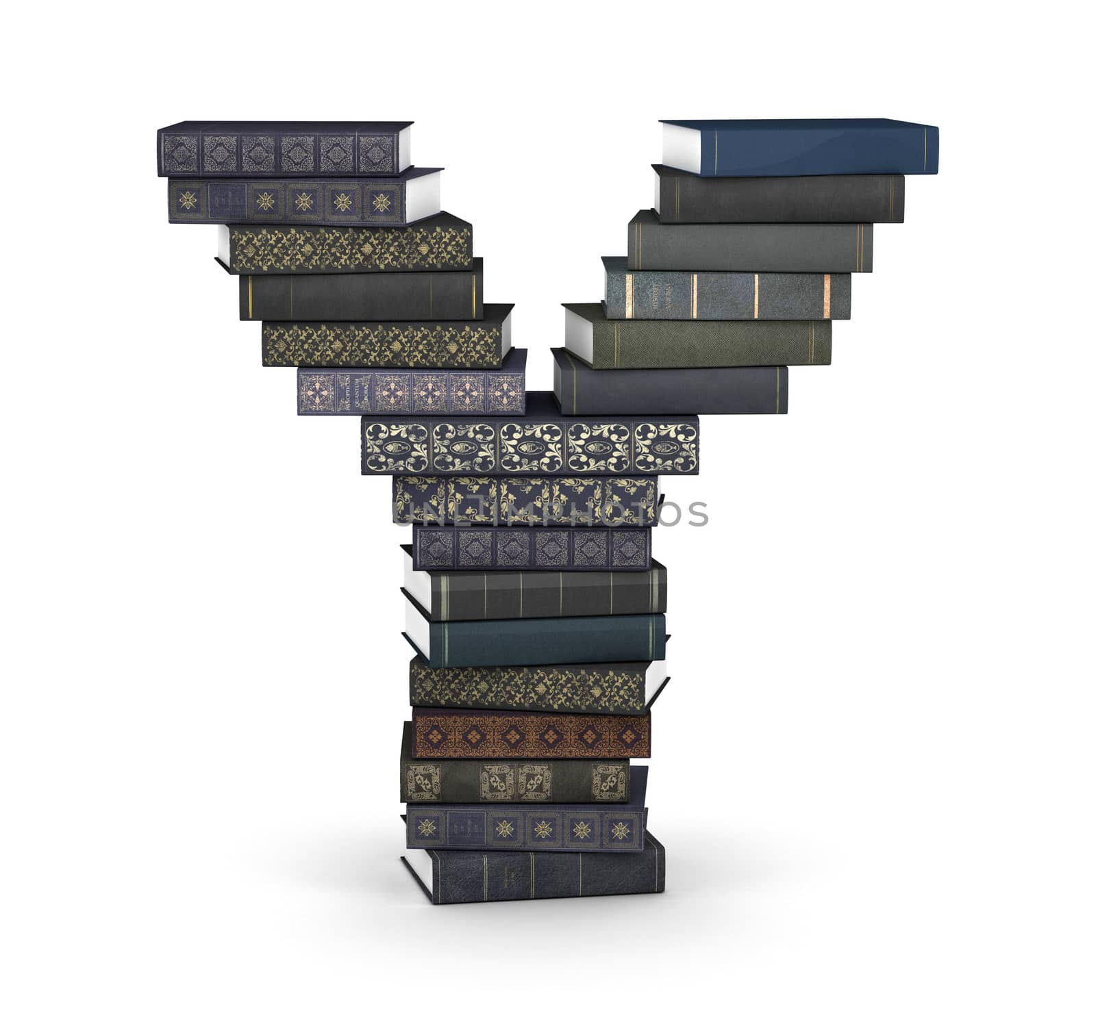 Letter Y, stacked from many  books in pile