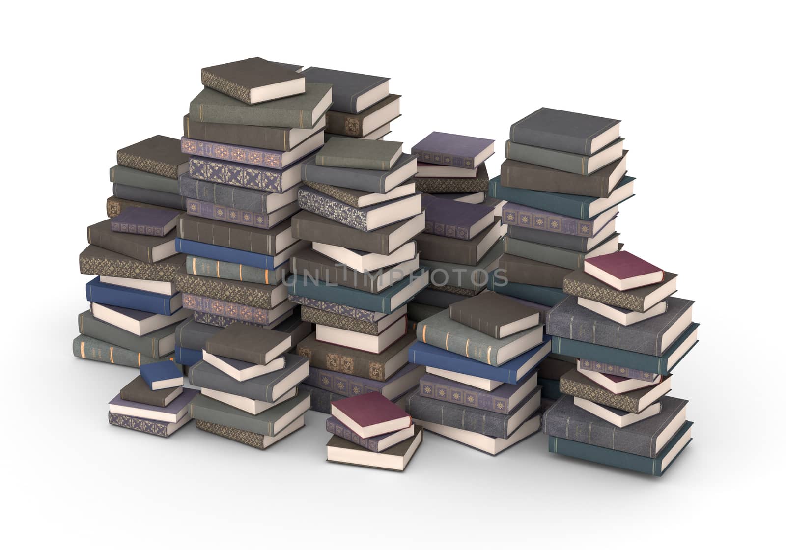 Many books, stacked in columns