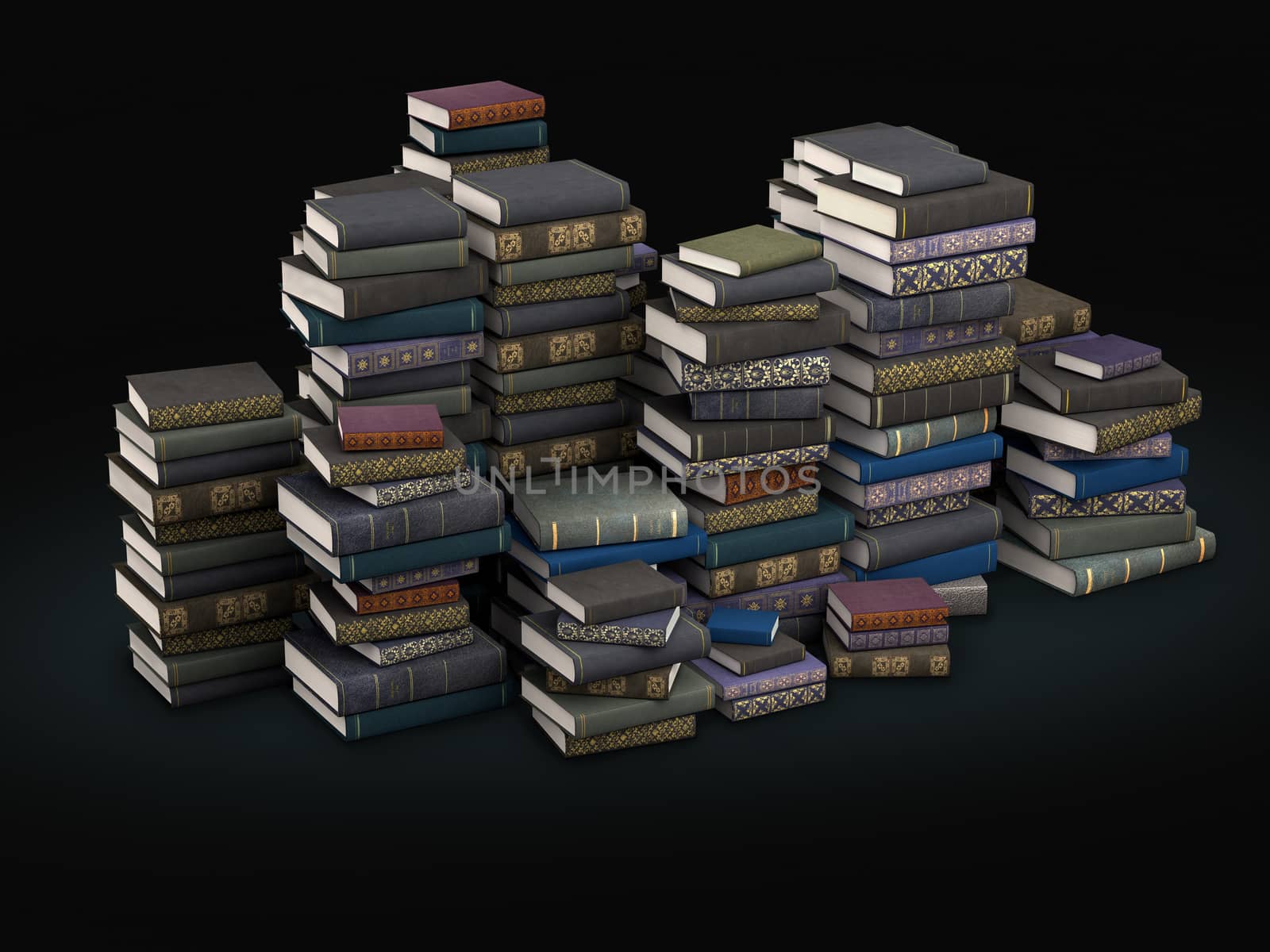 Many books, stacked in columns in black background