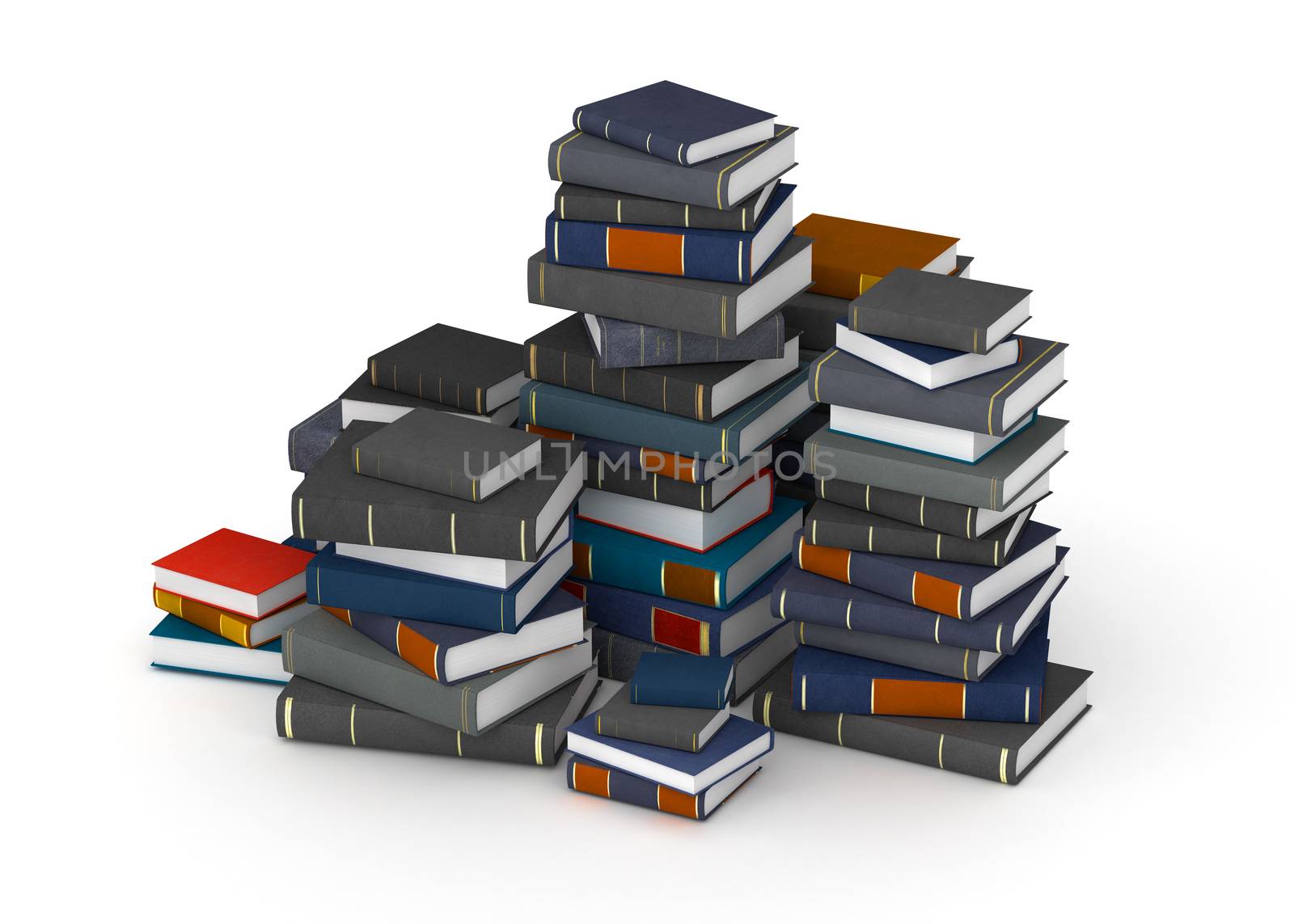 Many books, stacked in columns