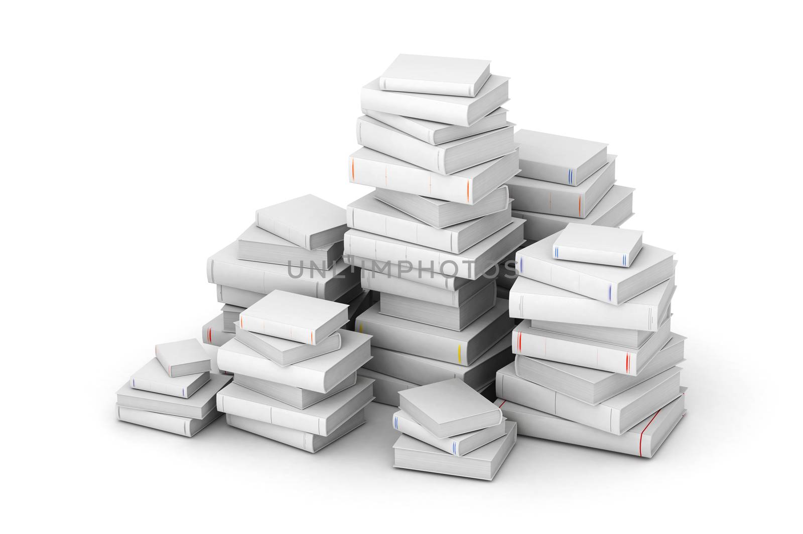 Many books with blank titles, stacked in columns