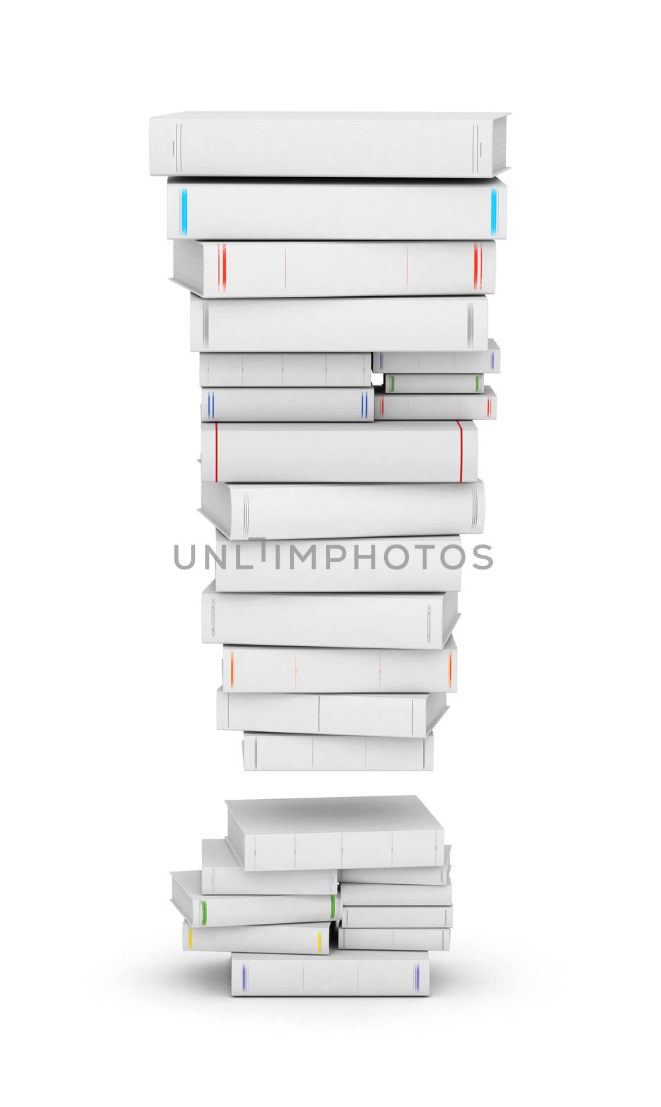 Exclamation mark , stacked from many blank title books in column