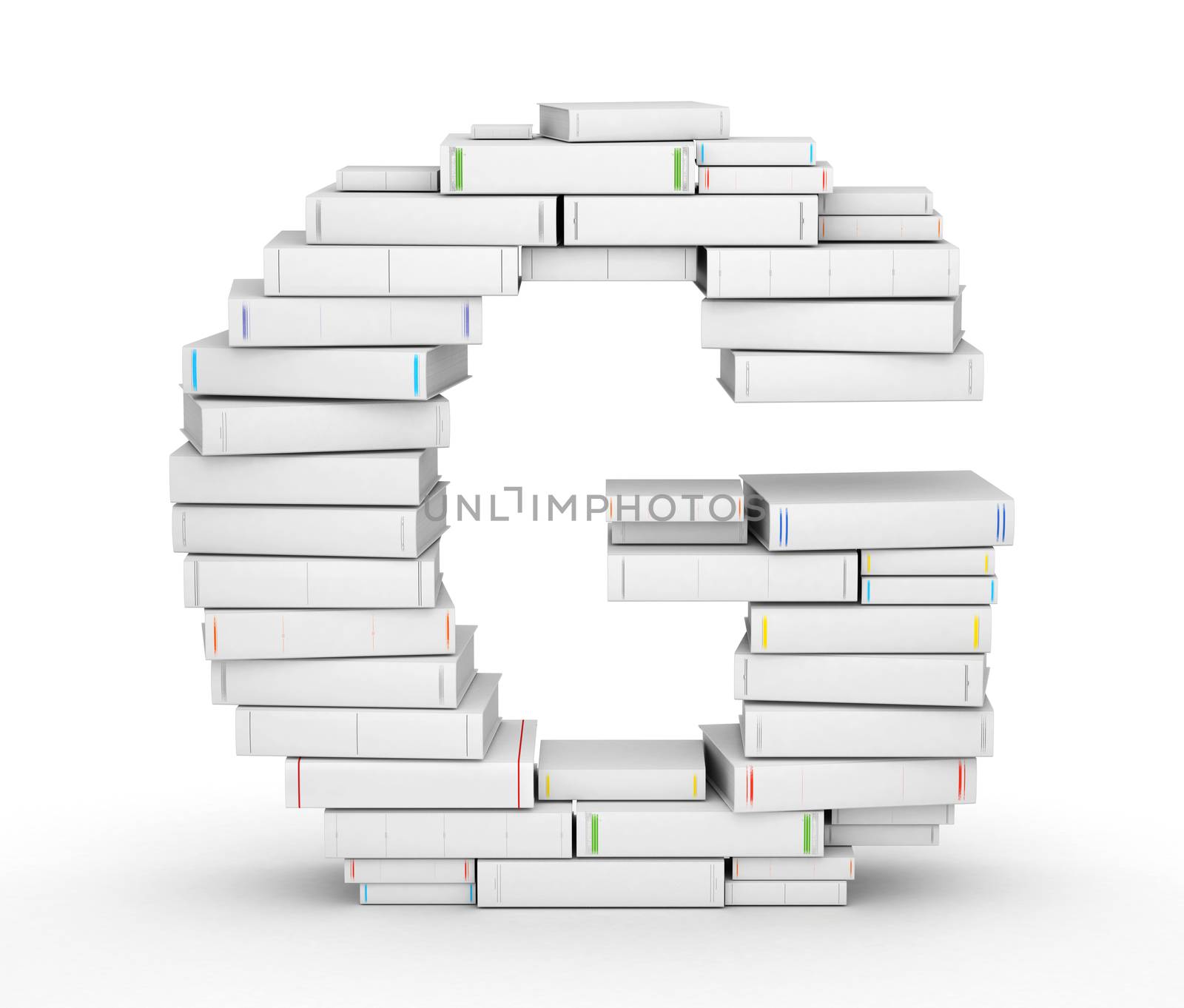 Letter G, stacked from many blank title books in column