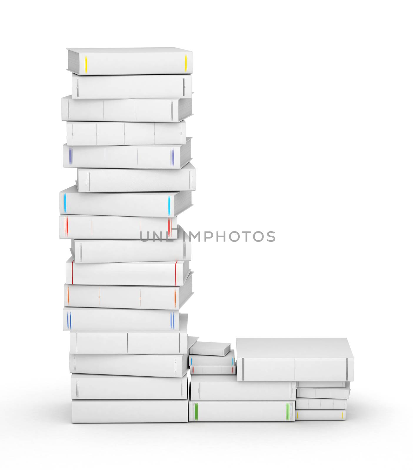 Letter L, stacked from many blank title books in column