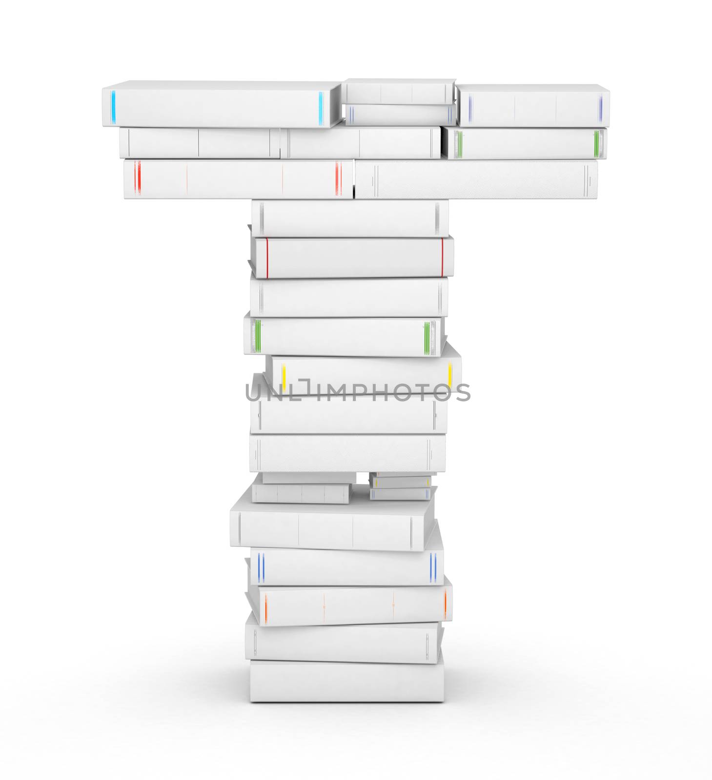 Letter T, stacked from many blank title books in column