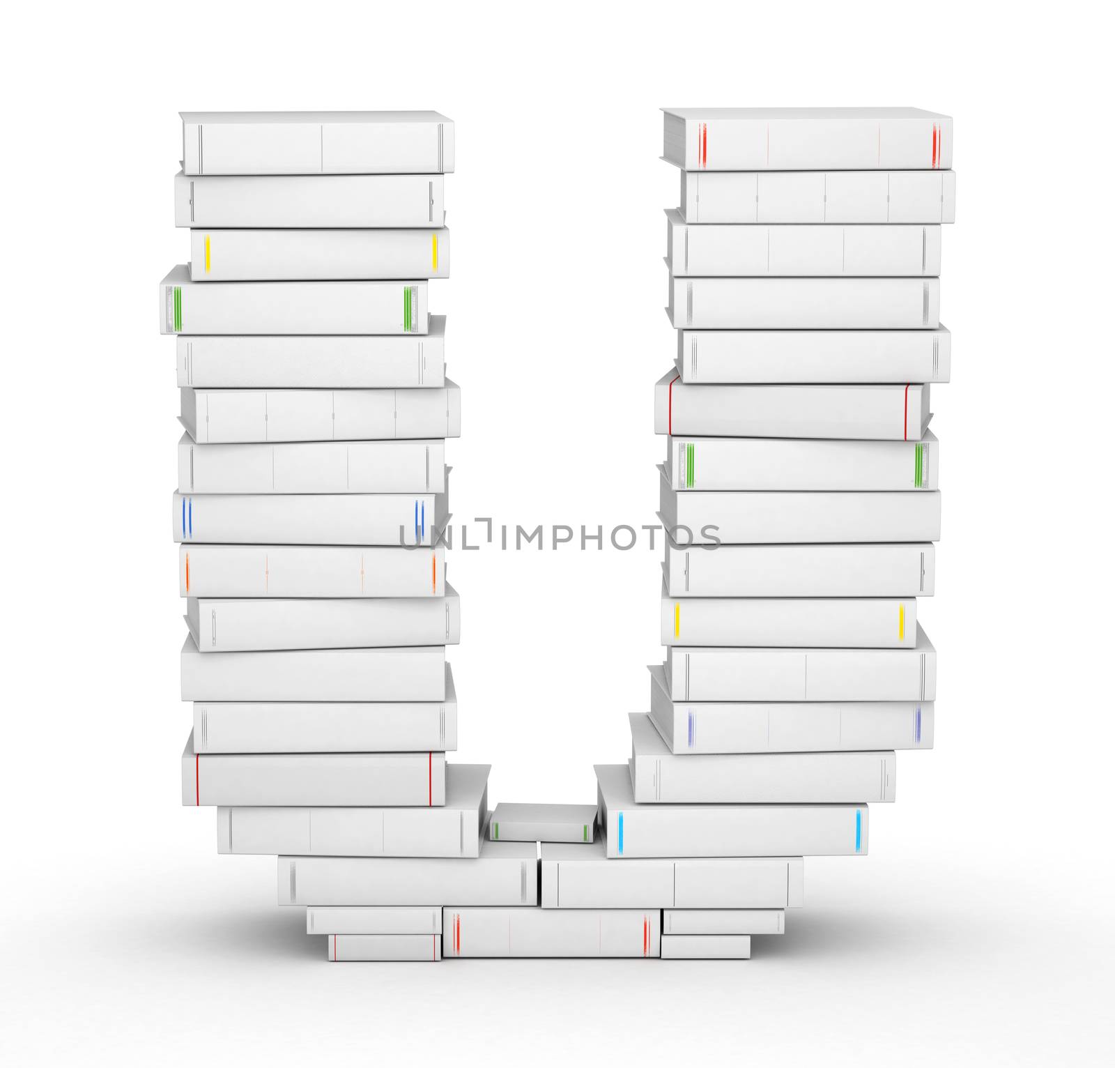 Letter U, stacked from many blank title books in column