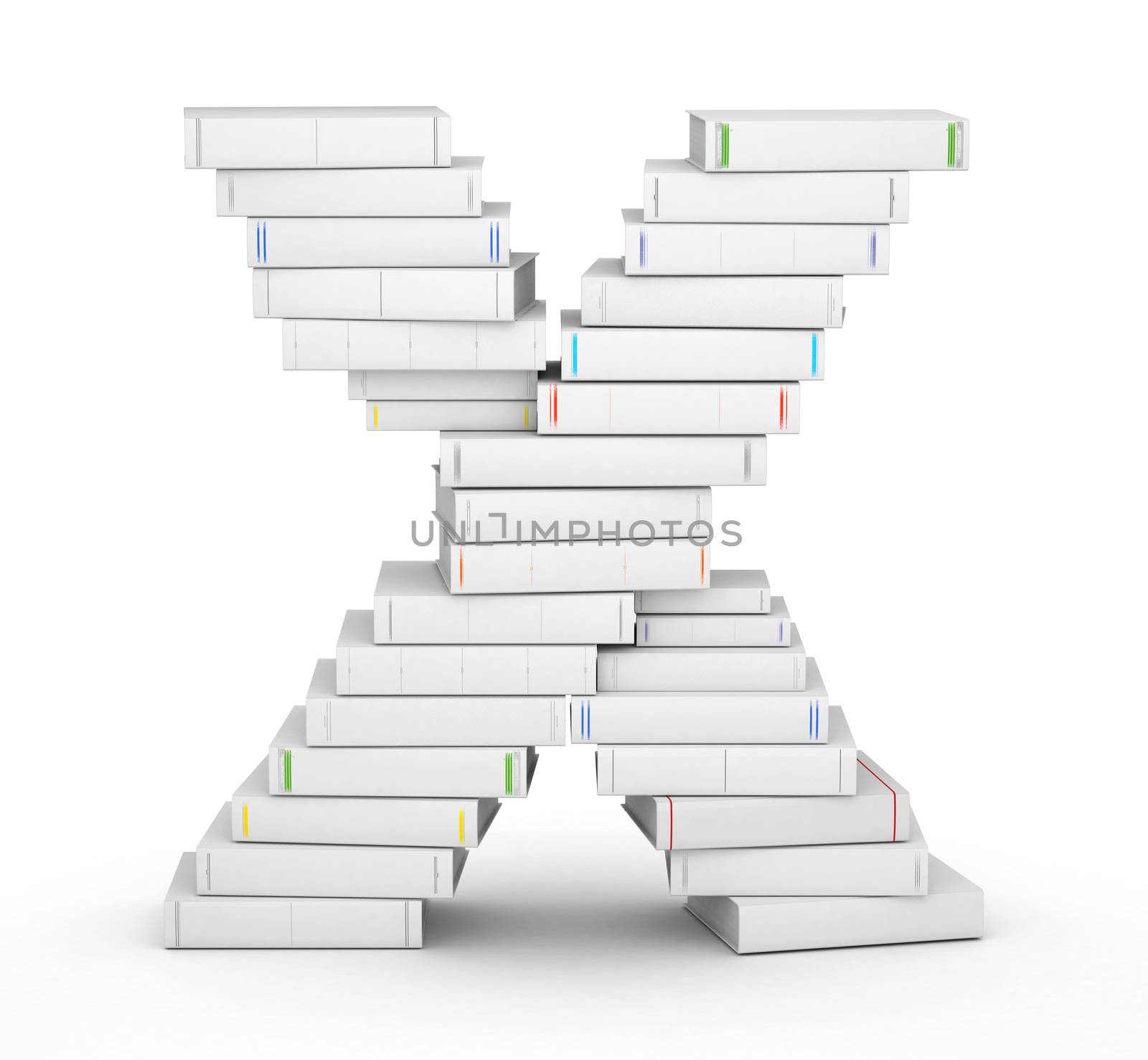 Letter X, stacked from many blank title books in column