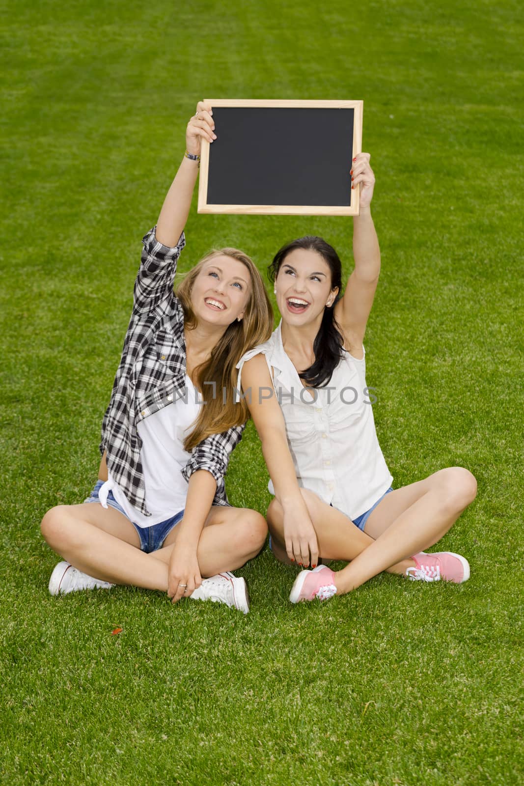 Tennage students sitting on the grass and holding a chalkboard