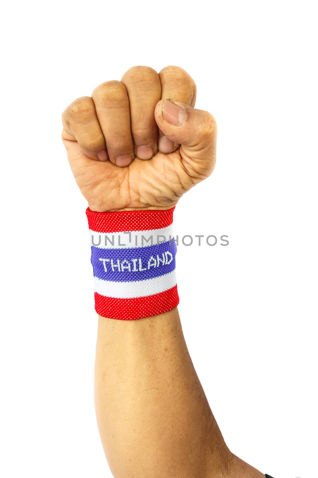 Forearm and wristband with flag pattern on white background (isolated)