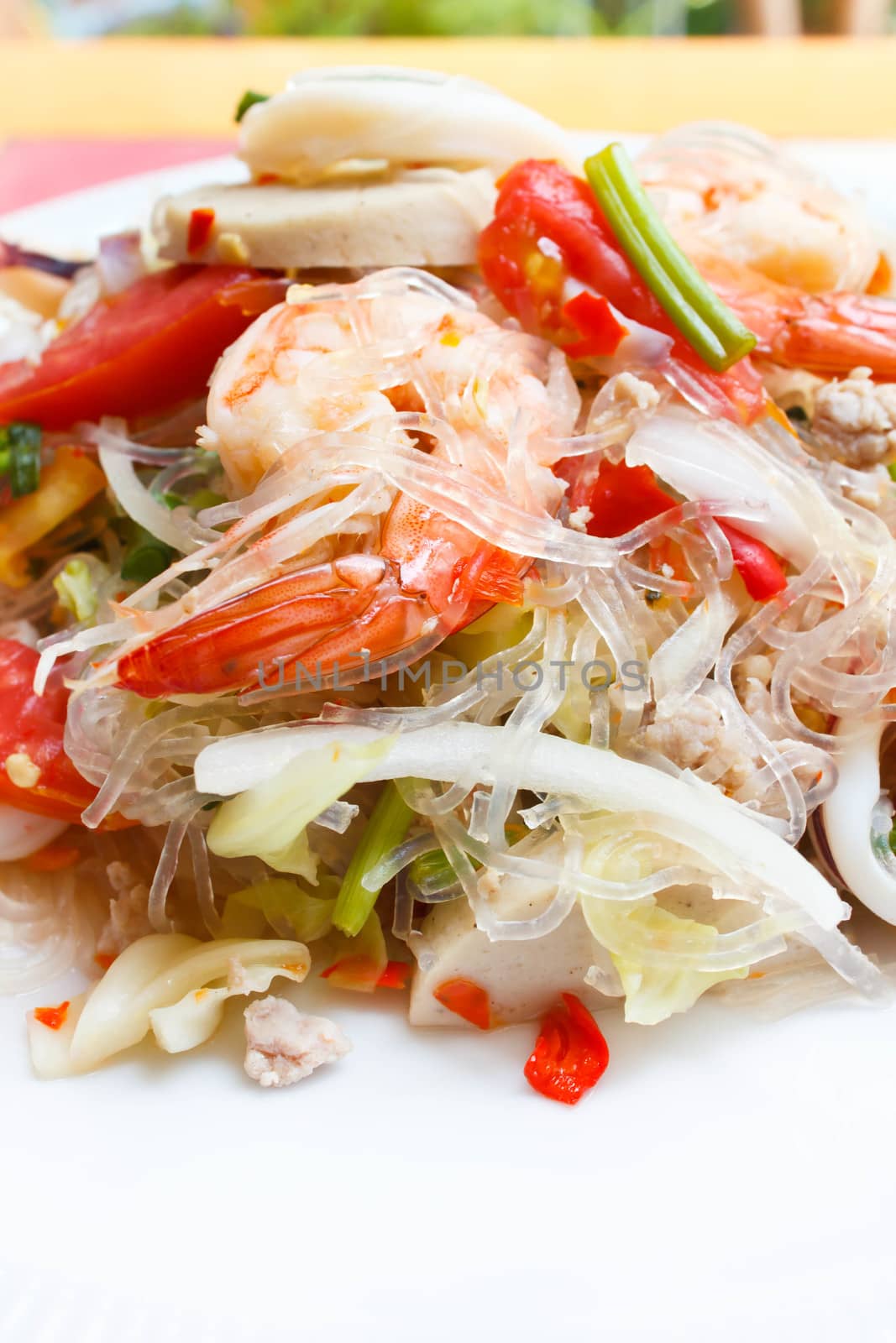 spicy noodle salad, spicy vermicelli salad
(yum woon sen), thai salad famous appetizer.