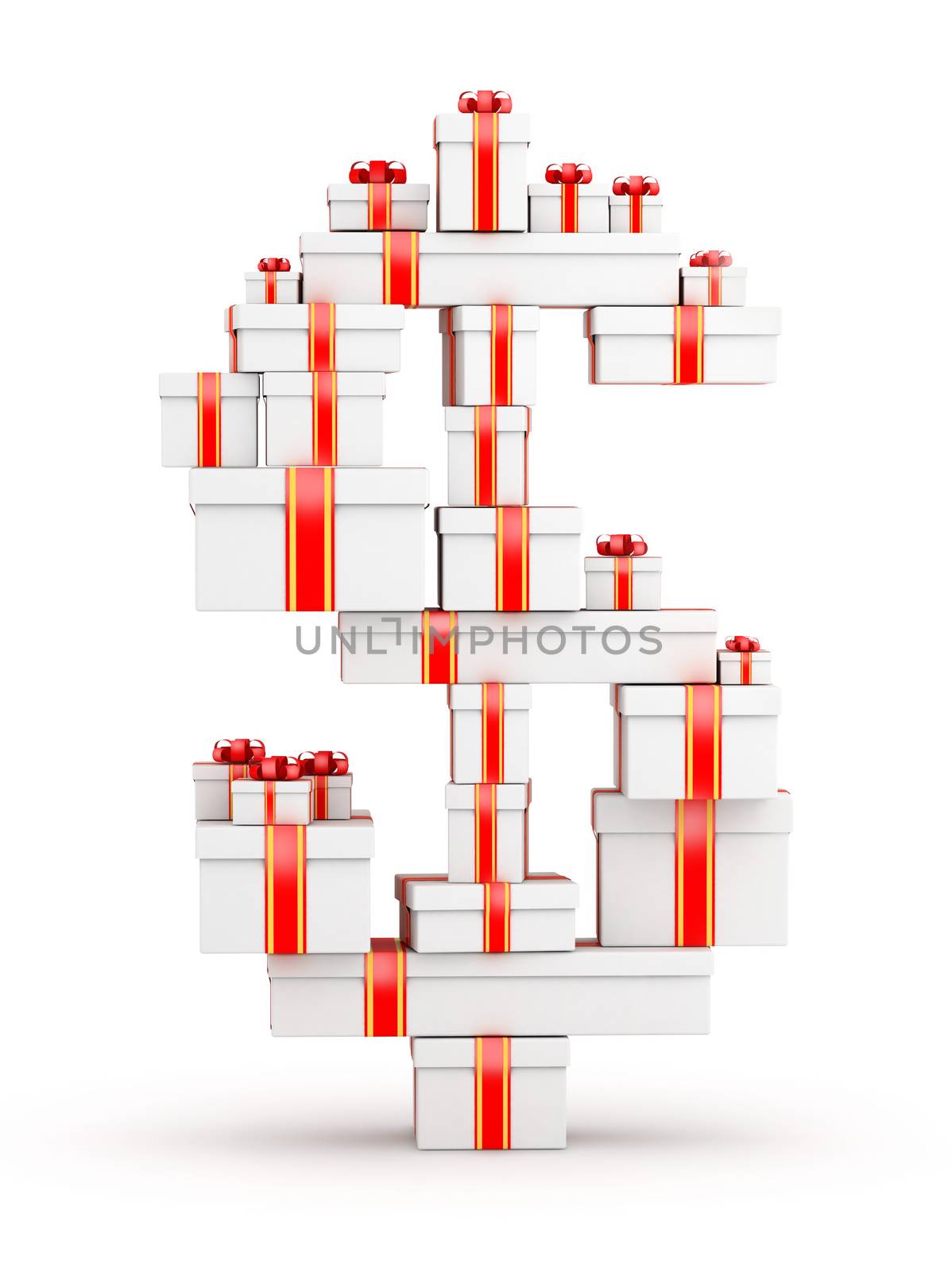 Dollar sign from  boxes of gifts decorated with red ribbons