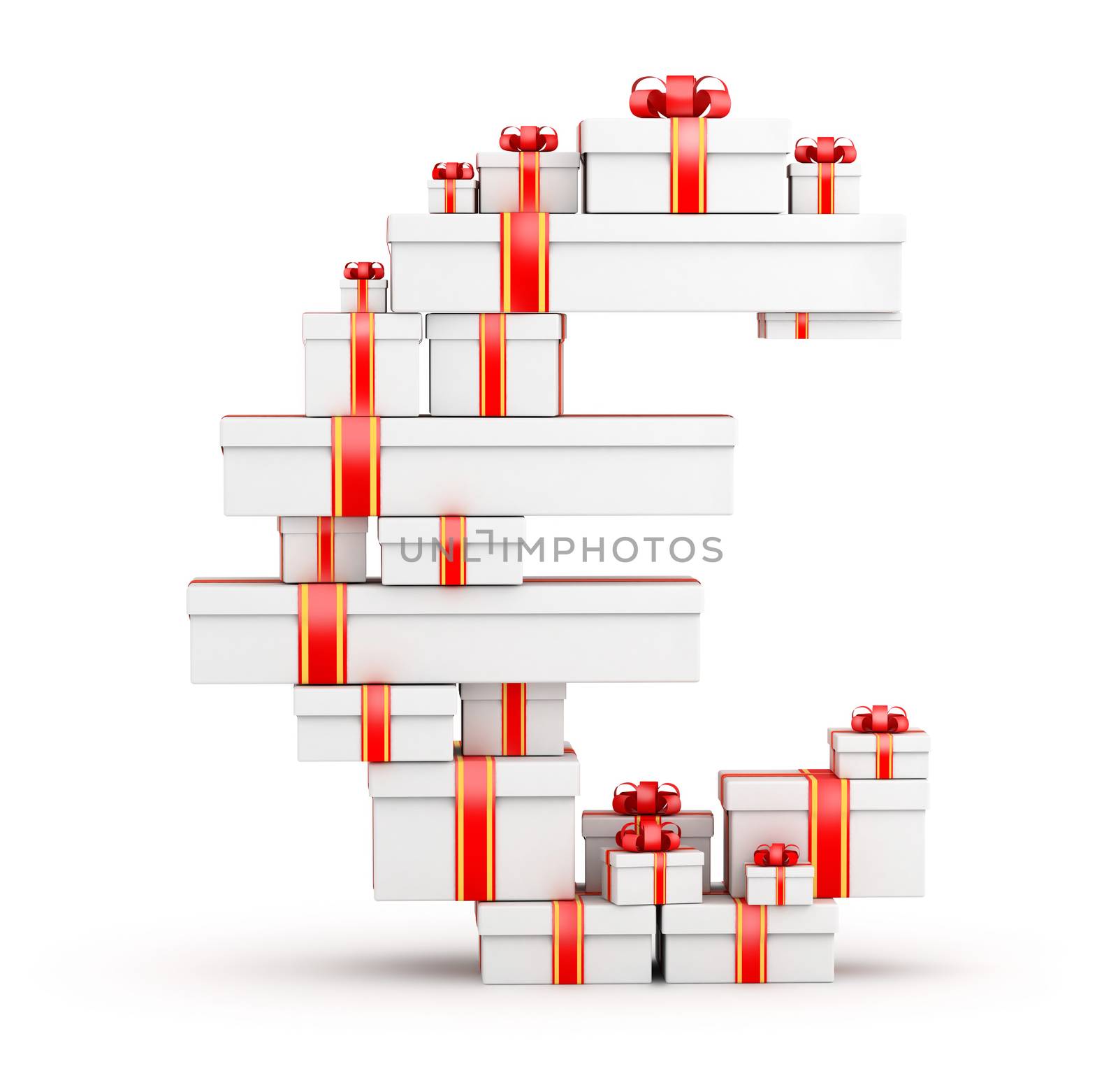 Euro sign from  boxes of gifts decorated with red ribbons